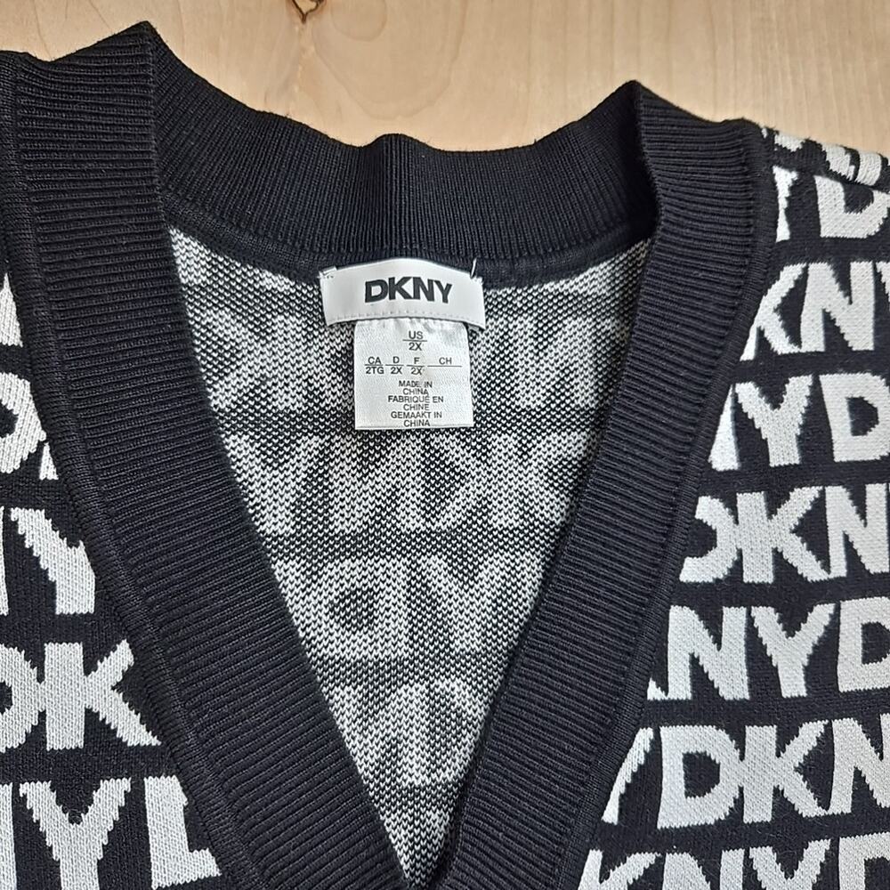 DKNY BLACK/IVORY V-NECK LOGO SWEATER MINI DRESS SIZE 2XL Pockets - Picture 3 of 11